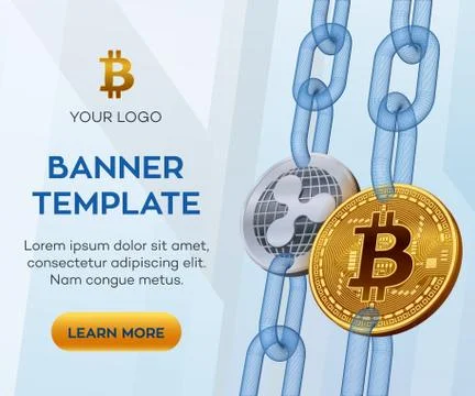 Crypto currency editable banner template. Bitcoin. Ripple. 3D isometric Physi Stock Illustration