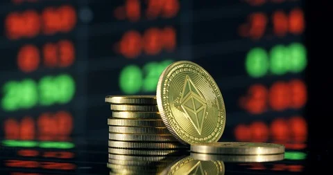 Crypto currency Ethereum ETC with graphs and charts in the back Video stock 92926470