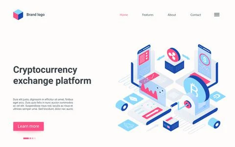 Crypto currency exchange platform isometric landing page, cryptocurrency Stock Illustration