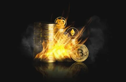 Crypto currency group burning with fire Stock Photos
