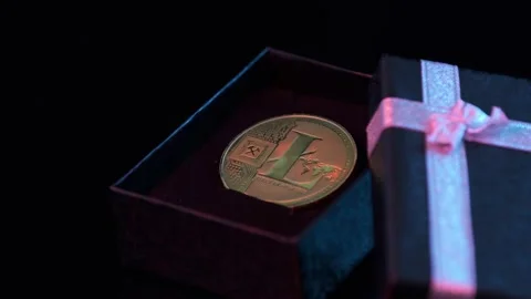 Crypto Currency Litecoin in Gift Box. Black Background and Reflective Surface. Stock Footage 147560556