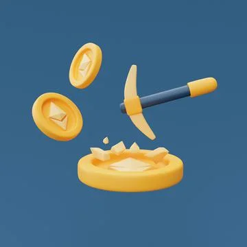 Crypto currency mining concept with ethereum coins and pickaxe,blockchain tec Stock Illustration