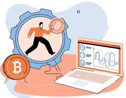 Crypto currency mining. Cryptocurrency concept with miner and coins. Blockchain Stock Illustration
