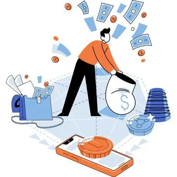 Crypto currency mining. Young man collects money in bag working in bitcoin .. Stock Illustration
