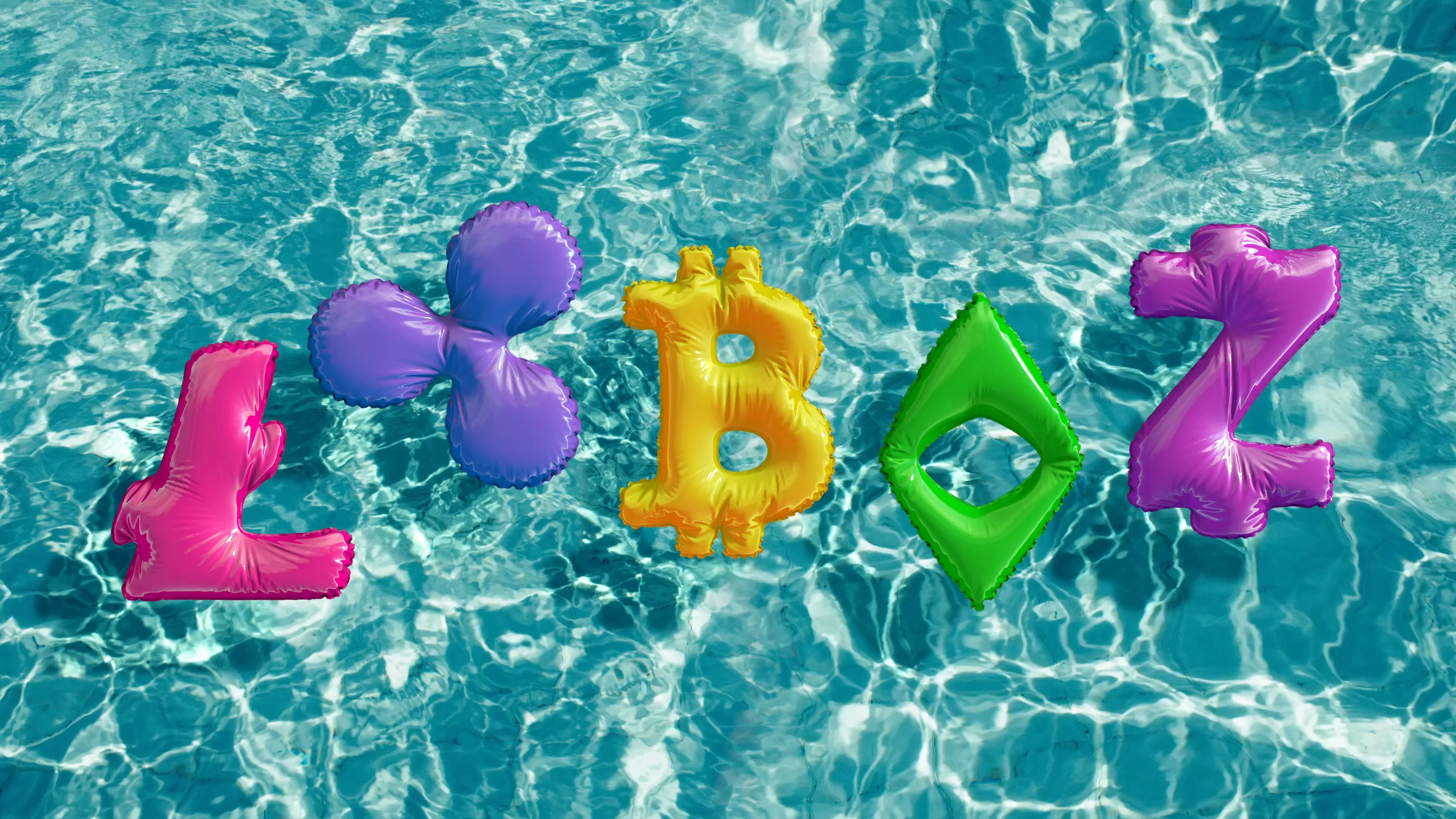 crypto currency signs shaped inflatable swim ring floating in a refreshing  blue