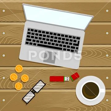 Crypto currency top view work place Stock Illustration