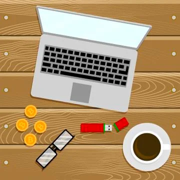 Crypto currency top view work place Stock Illustration