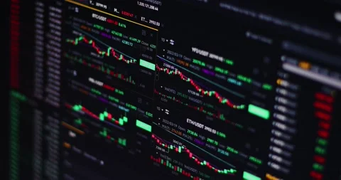 Crypto currency. Trading on the crypto exchange. Candles Bitcoin currency Stock Footage 185372163
