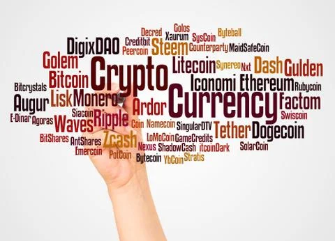Crypto Currency word cloud and hand with marker concept Stock Photos