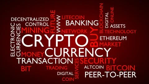 Crypto currency word tag cloud. 3D rendering Stock Illustration