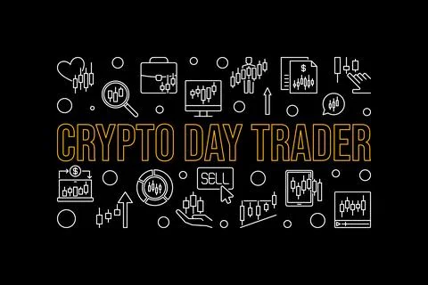 Crypto Day Trader vector Trading linear illustration or horizontal banner o.. Stock Illustration