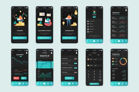 Crypto exchange concept screens set for mobile app template. People trade Ilustração Stock