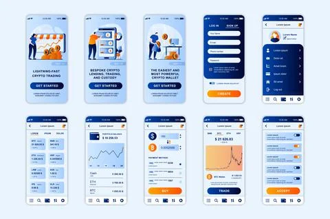 Crypto exchange concept screens set for mobile app template. People analyze Stock Illustration