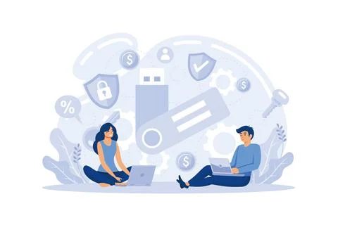 Crypto exchanges, decentralized finance, hardware cold wallet metaphor set. D Stock Illustration