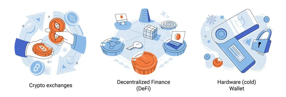 Crypto exchanges metaphor, decentralized finance, hardware cold wallet. DeFi Stock Illustration