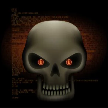 Crypto hacker skull bitcoin eyes Illustrazione stock