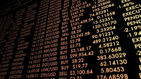 Crypto Ledger Ticker Board with Amber Glowing Digital Currency Market Stock Footage 340335348