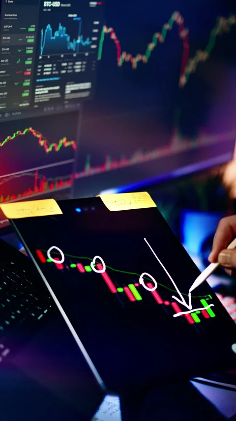 Crypto Market Crash Technical Analysis Chart on Digital Tablet Screen, Close Up Stock Footage 342060210