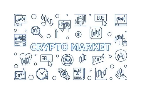 Crypto Market vector Cryptocurrency Trading outline horizontal illustration.. Stock Illustration