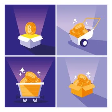 Crypto mining bitcoin set icons Stock Illustration