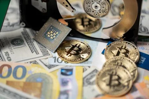 Crypto mining concept, bitcoin reflecting in hard drive disk next to US Dollar Stock-Fotos