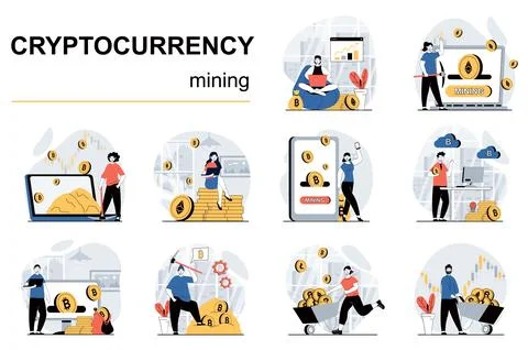 Crypto Mining Flat Illustrations Stock Illustration