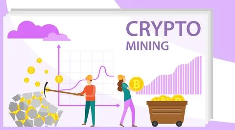 Crypto mining. People mine crypto currency from stone. Stock Illustration