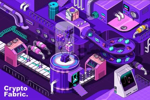 Crypto mining web concept in 3d isometric design. Cryptocurrency virtual fa.. Illustrazione stock