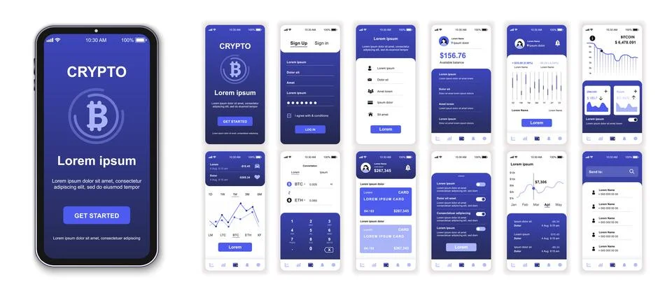 Crypto mobile app interface screens template set. Online account, financial a Illustrazione stock