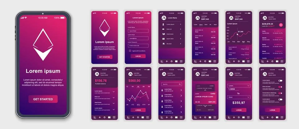 Crypto mobile app interface screens template set. Account login, earnings d.. Illustrazione stock
