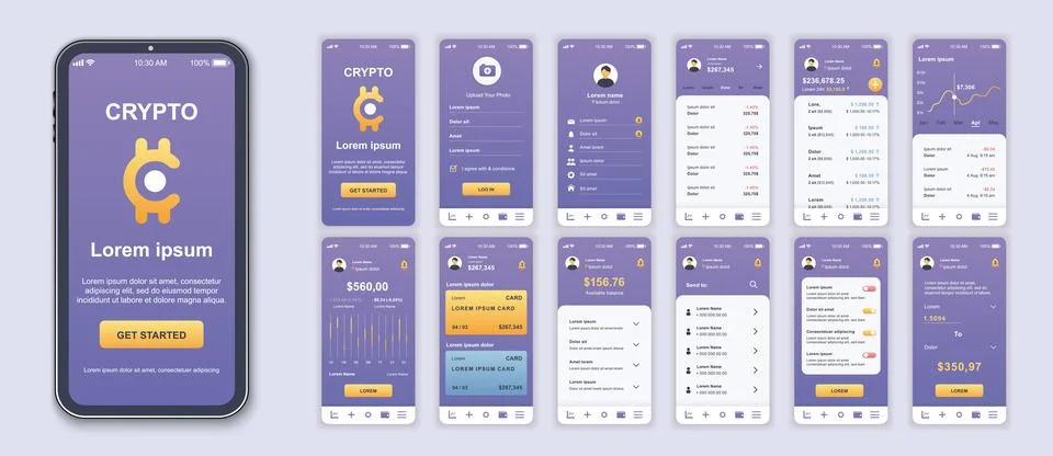 Crypto mobile app interface screens template set. Account login, earnings c.. Stock Illustration