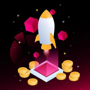 Crypto Rocket Illustration. Isometric Cubes and Coins on Dark Background Stock Illustration