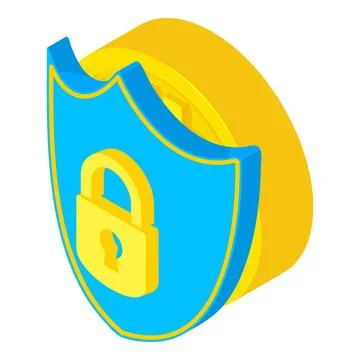 Crypto security icon isometric vector. Digital coin behind shield with padlock Stock Illustration