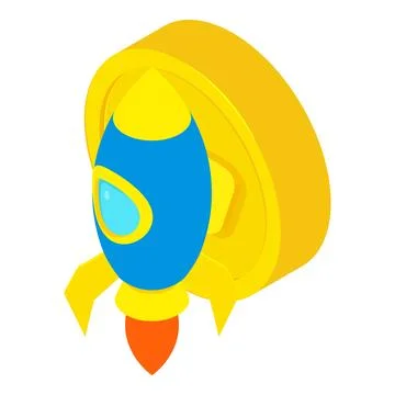 Crypto startup icon isometric vector. Toy rocket on gold crypto coin background Stock Illustration