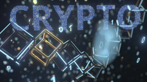 CRYPTO text and chain with binary numbers. Programming concept, 3D rendering Stock Illustration