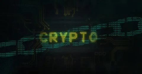 Crypto text and microprocessor connections over security chain icon against Foto stock