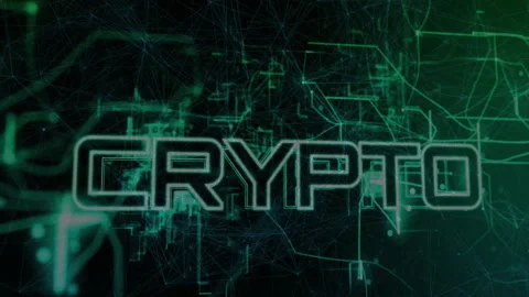 Crypto text being animated over dark circuit network with neon-green lines and Stock Footage 307857583