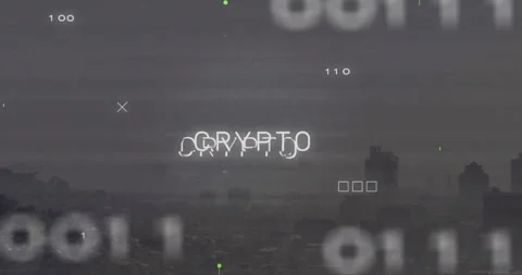 Crypto text glitching over hazy city skyline, floating among binary digits and Stock Footage 307430486