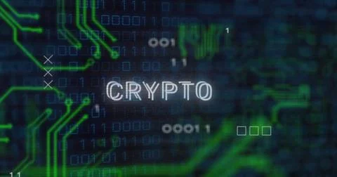 CRYPTO text image over binary code and circuit board graphics 스톡 사진