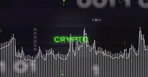 CRYPTO title and bars fading on smoky HUD waveform spiking circuits lighting Stock Illustration