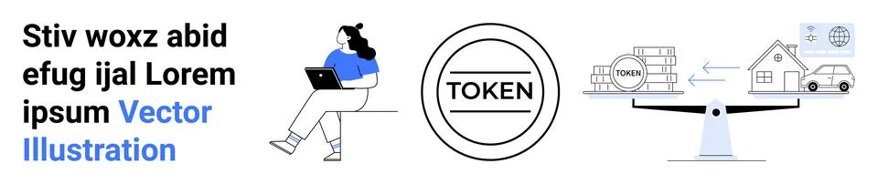 Crypto Token Concept with Work-from-Home Element and Financial Scale Stock Illustration