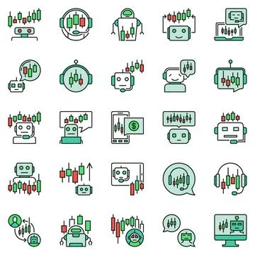 Crypto Trading Bots colored vector icons set. Automated Trading Robots conc.. Stock Illustration