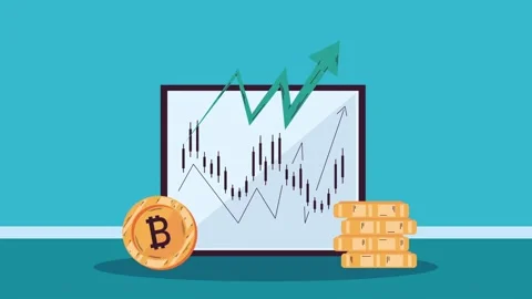 Crypto trading chart with bitcoin coins and bullish arrow animation showing.. Stock Footage 333607027