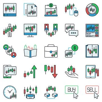 Crypto Trading colored icons set. Candlestick Chart creative signs. Buying .. Illustration