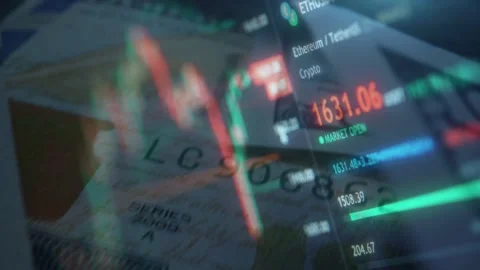 Crypto Trading Graph Overlaid on Dollar Bill Stock Footage 336757309