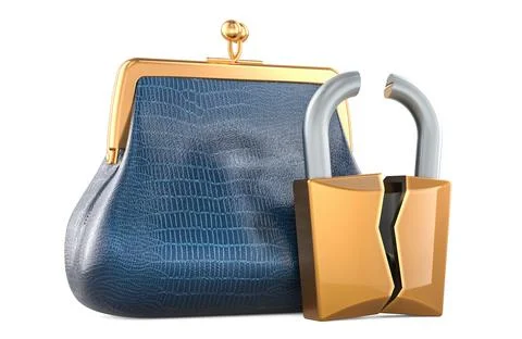 Crypto wallet hacking, concept. Coin Purse with broken padlock, 3D rendering Illustrazione stock