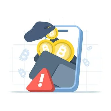 Crypto wallet hacking icon with hacker stealing Bitcoin from smartphone Stock Illustration