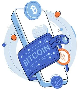 Crypto wallet. Online exchanges provide platforms for digital wallet users to Stock Illustration