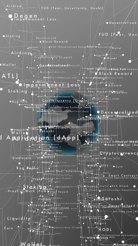 Crypto world glossary animates on 3D tech HUD user screen background Stock Footage 323421217