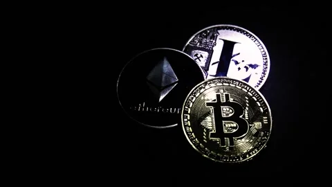 Cryptocoins on black background Stock Footage
